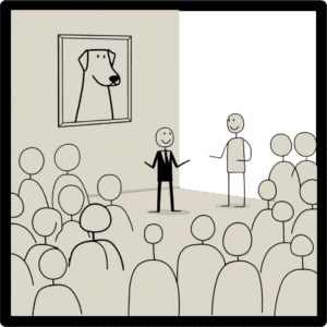 a group of stick figures listens to one figure speak in front of a framed portrait of a dog