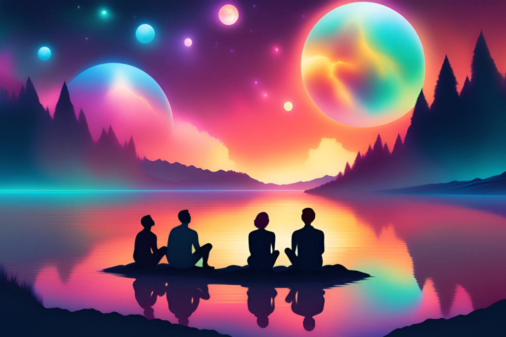 Four silhouettes of people sitting on a lake looking at multicoloured planets in the sky