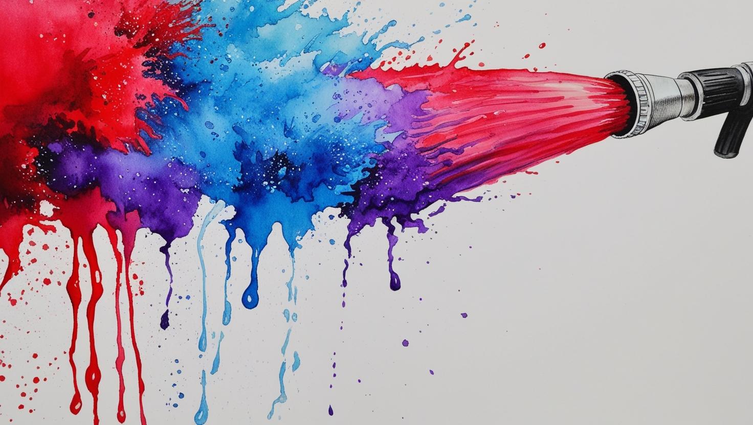Watercolour image of a hose spraying red, blue and purple water